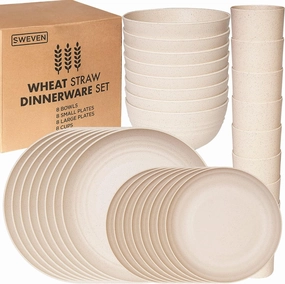 Wheat Straw Dinnerware Sets | Unbreakable Dinnerware Sets | Dishwasher Microwave Safe Dinnerware | Eco Friendly Non Breakable Dinnerware Sets | RV Outdoor Camping (Beige, Service for 8 (32 pcs))