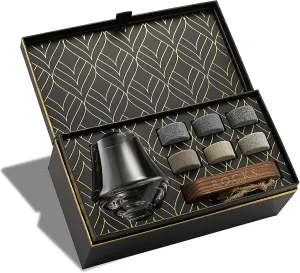 Whiskey Stones & Premium Crystal Nosing Glass Gift Set - 6 Handcrafted Granite Round Sipping Rocks - Tumbler for Whiskey, Scotch, Bourbon Tasting - Hardwood Presentation Tray - Gold Foil Box by Rocks