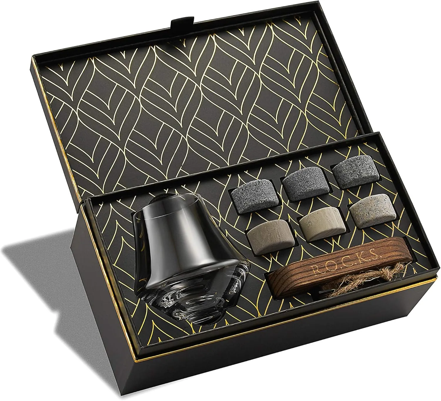Whiskey Stones & Premium Crystal Nosing Glass Gift Set - 6 Handcrafted Granite Round Sipping Rocks - Tumbler for Whiskey, Scotch, Bourbon Tasting - Hardwood Presentation Tray - Gold Foil Box by Rocks