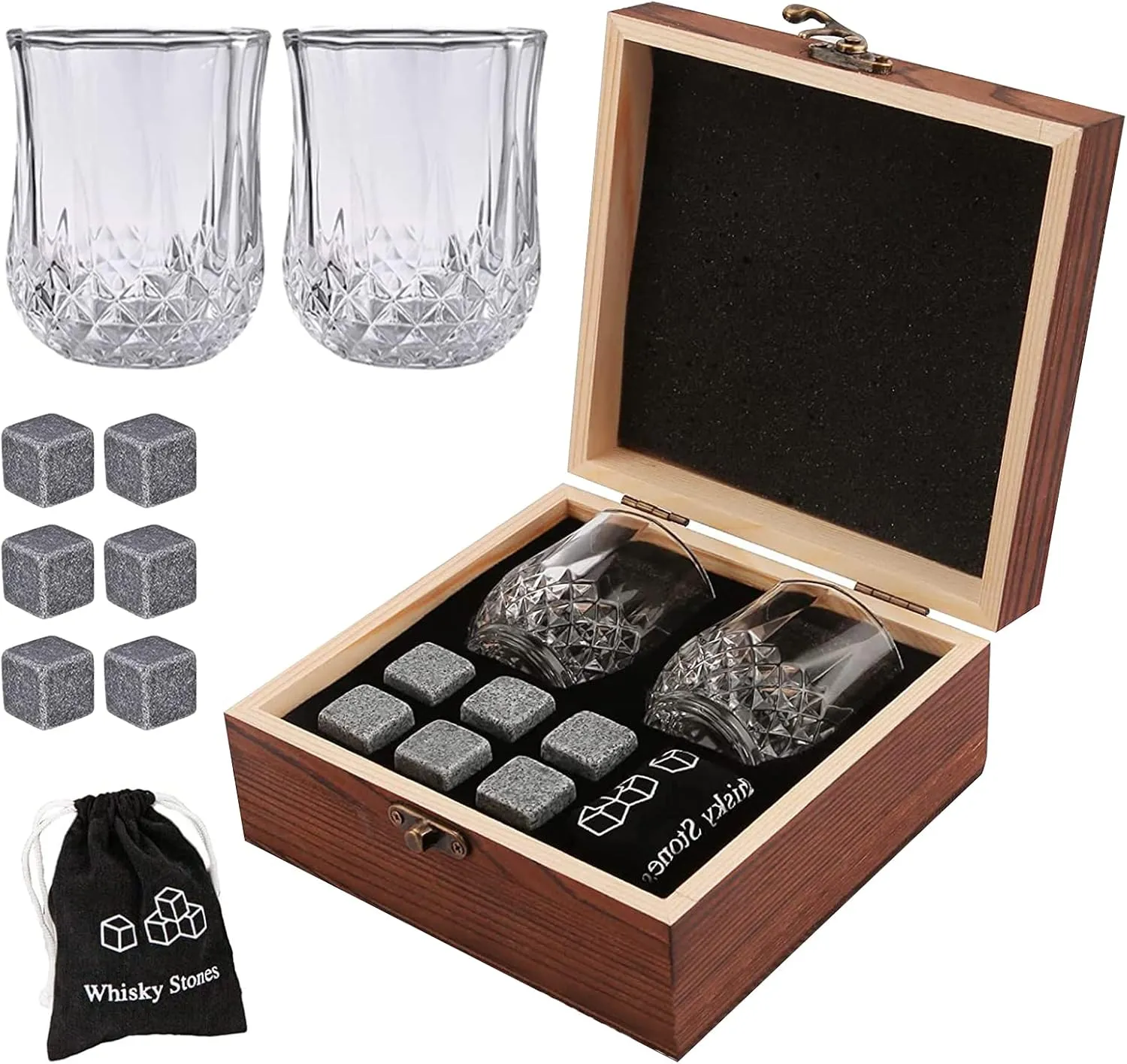 Whiskey Stones and Whiskey Glass Gift Set of 4, for Men | Father's Day, 6 Granite Whiskey Stones, 2 Whiskey Glasses,1 Wooden Box,1 Velvet Freezer Bag
