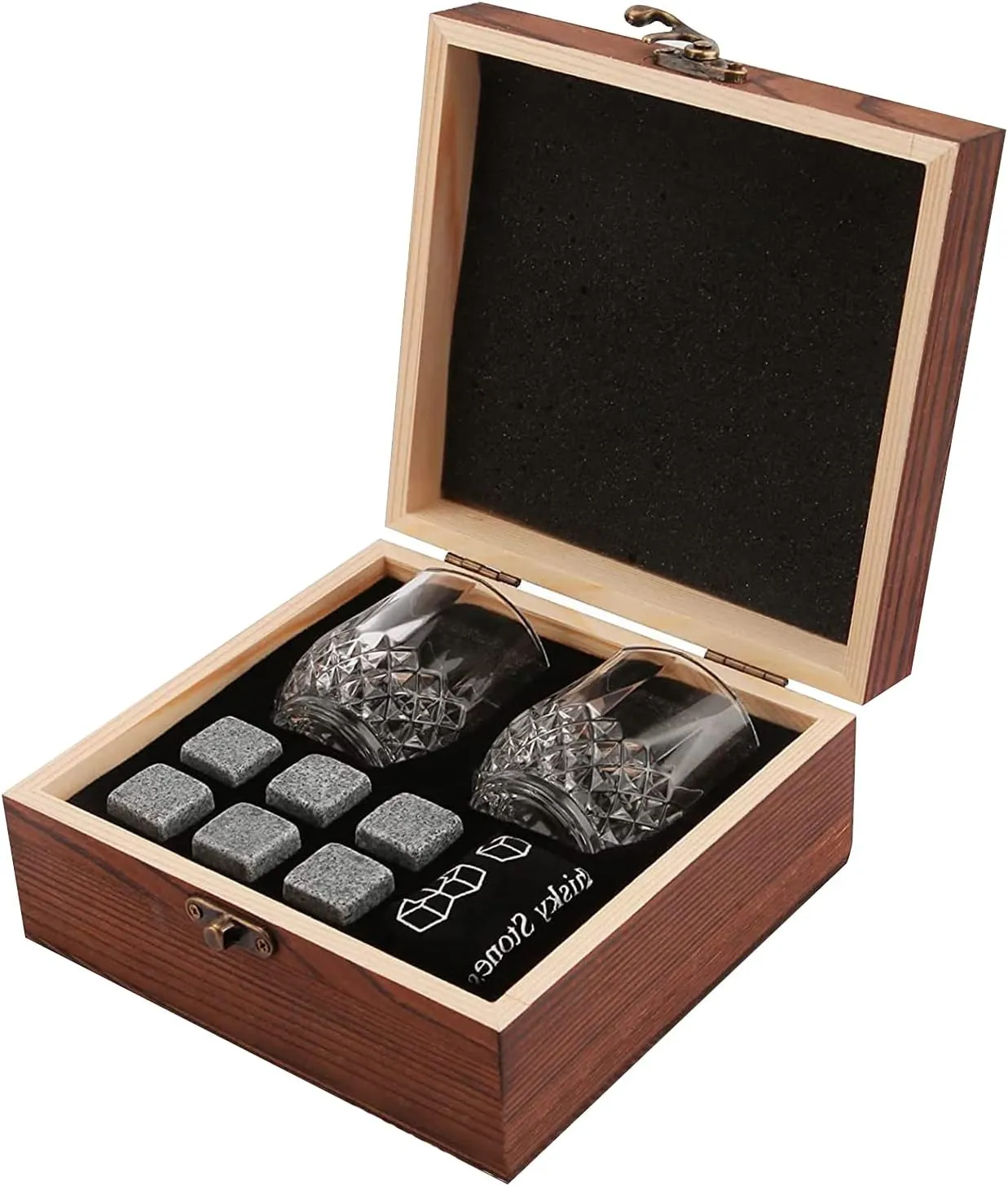 Whiskey Stones and Whiskey Glass Gift Set of 4, for Men | Father's Day, 6 Granite Whiskey Stones, 2 Whiskey Glasses,1 Wooden Box,1 Velvet Freezer Bag