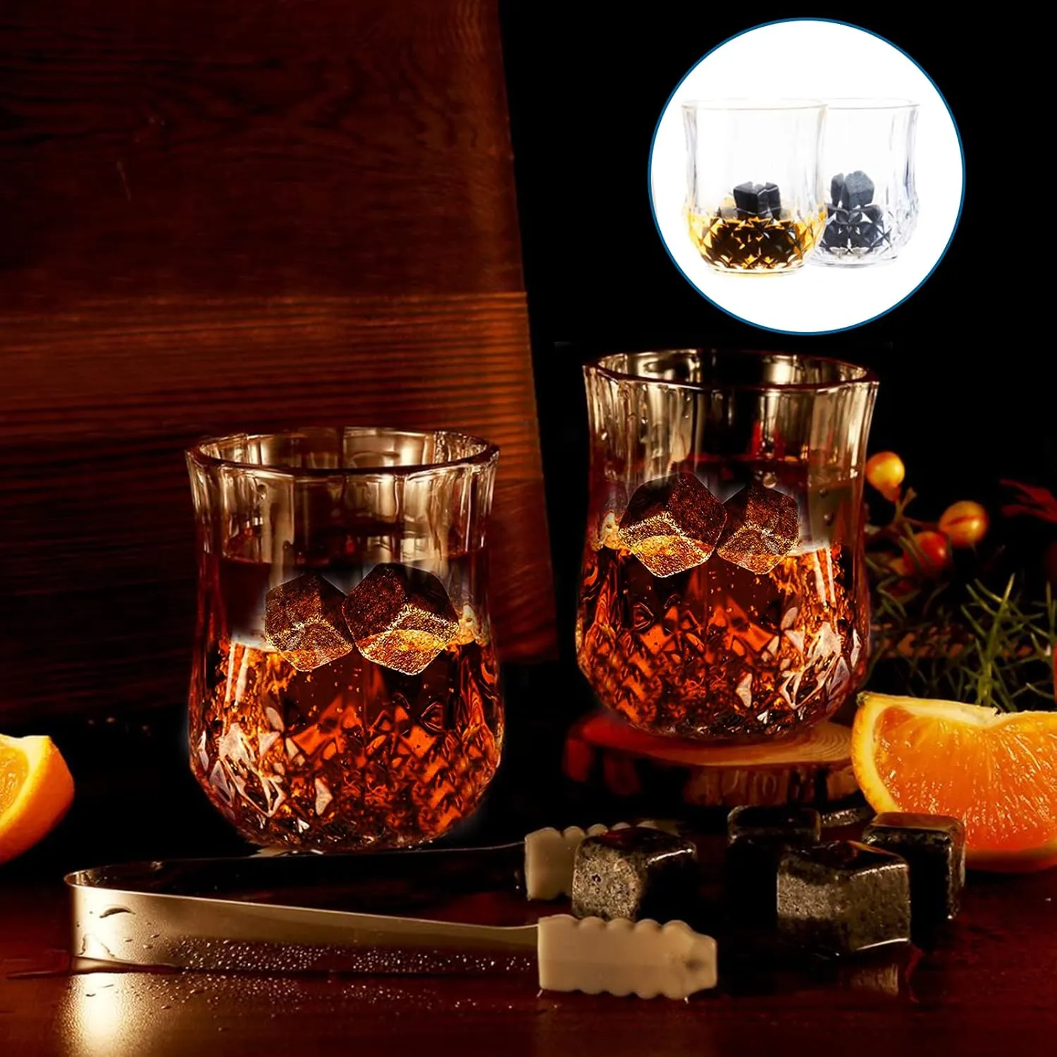 Whiskey Stones and Whiskey Glass Gift Set of 4, for Men | Father's Day, 6 Granite Whiskey Stones, 2 Whiskey Glasses,1 Wooden Box,1 Velvet Freezer Bag