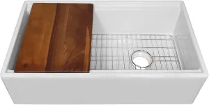 Whitehaus Collection 33" Reversible Single Bowl Fireclay Sink Set with a Smooth Front Apron, Walnut Wood Cutting Board and Stainless Steel Grid