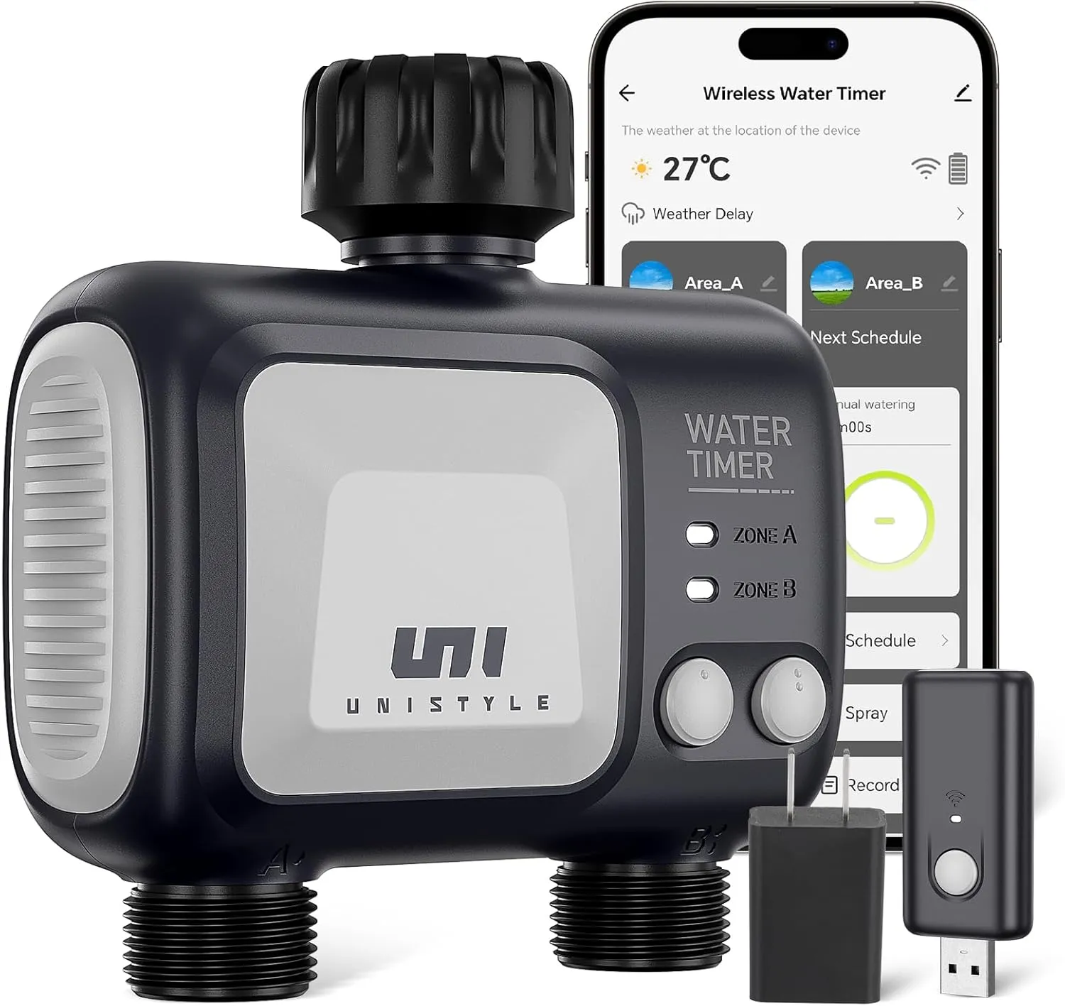 WiFi Sprinkler Timer 2 Zone, Unistyle Programmable Smart Water Timers 2 Outlet, WiFi Irrigation Controller with Rain Delay, Auto Mode Manual Mode, Outdoor Hose Timer for Patio Lawns, Yards and Garden