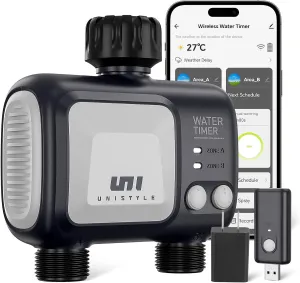 WiFi Sprinkler Timer 2 Zone, Unistyle Programmable Smart Water Timers 2 Outlet, WiFi Irrigation Controller with Rain Delay, Auto Mode Manual Mode, Outdoor Hose Timer for Patio Lawns, Yards and Garden