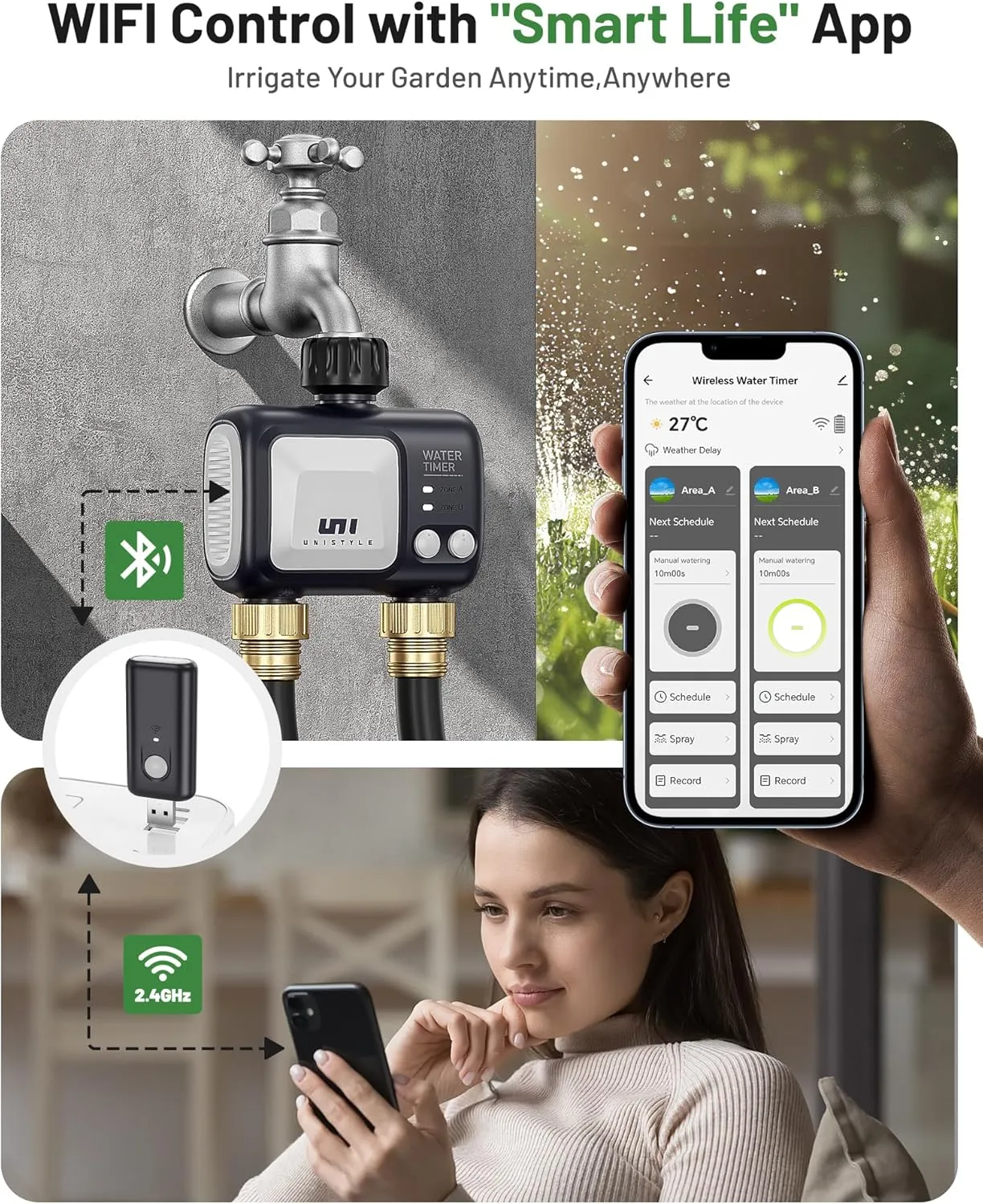 WiFi Sprinkler Timer 2 Zone, Unistyle Programmable Smart Water Timers 2 Outlet, WiFi Irrigation Controller with Rain Delay, Auto Mode Manual Mode, Outdoor Hose Timer for Patio Lawns, Yards and Garden