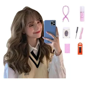 Wig female long hair natural black medium length Cool brown seven-piece set one size