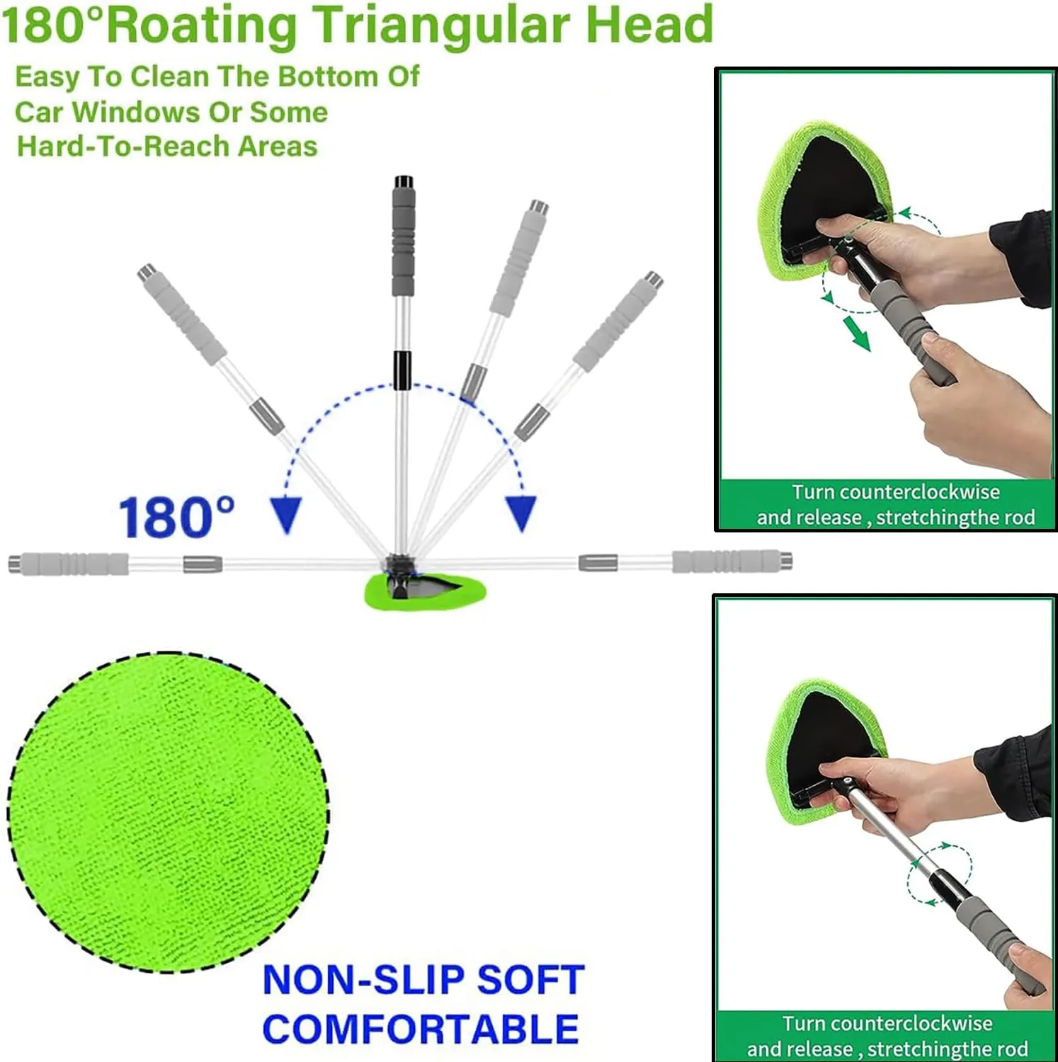 Windshield Cleaning Tool - Extendable Handle Car Window Cleaner with 3 Reusable Cloth Pads, Auto Glass Wiper Kit for Interior & Exterior, Ideal for Dirty Car Windows