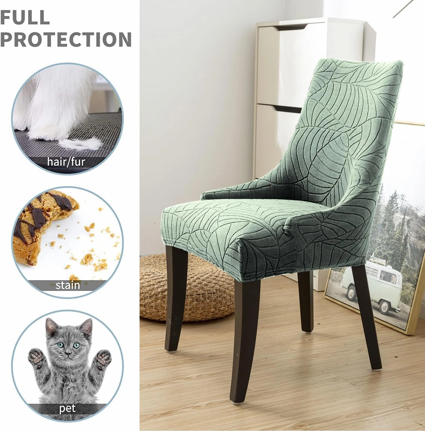 Wingback Side Chair Cover Stretch Dining Chair Covers Slipcovers Reusable Sloping Arm Chair Protector Cover Washable Upholstered Arm Dining Chair Cover for Dining Room Banquet Home Decor(A-green,6PCS)