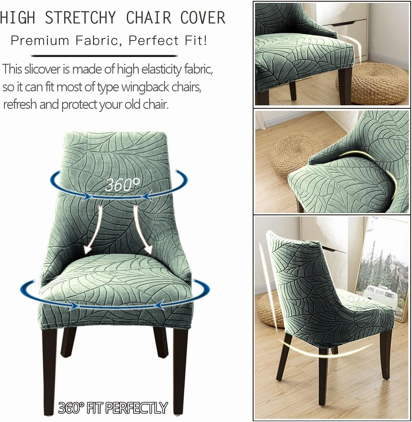 Wingback Side Chair Cover Stretch Dining Chair Covers Slipcovers Reusable Sloping Arm Chair Protector Cover Washable Upholstered Arm Dining Chair Cover for Dining Room Banquet Home Decor(A-green,6PCS)