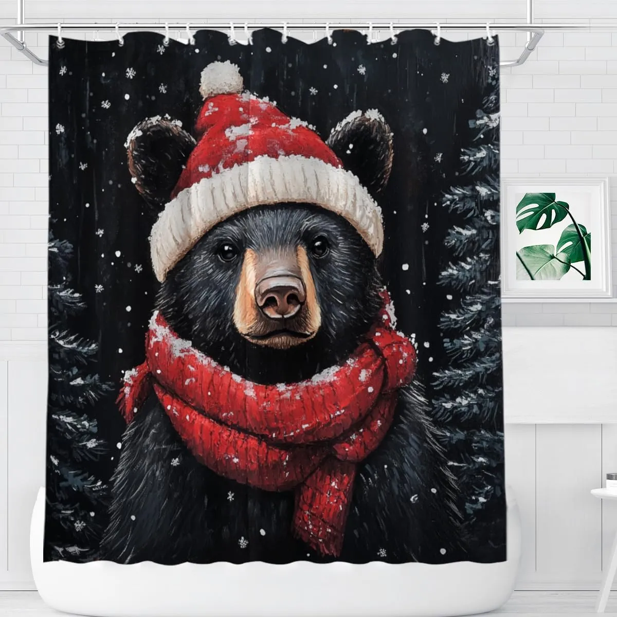 Winter Shower Curtain Christmas Shower Curtain, Cute Black Bear 72x72 Inches Shower Curtains for Bathroom, Snow Fabric Bath Curtains Set with 12 Hooks