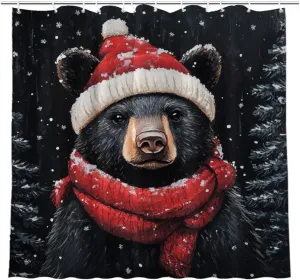 Winter Shower Curtain Christmas Shower Curtain, Cute Black Bear 72x72 Inches Shower Curtains for Bathroom, Snow Fabric Bath Curtains Set with 12 Hooks
