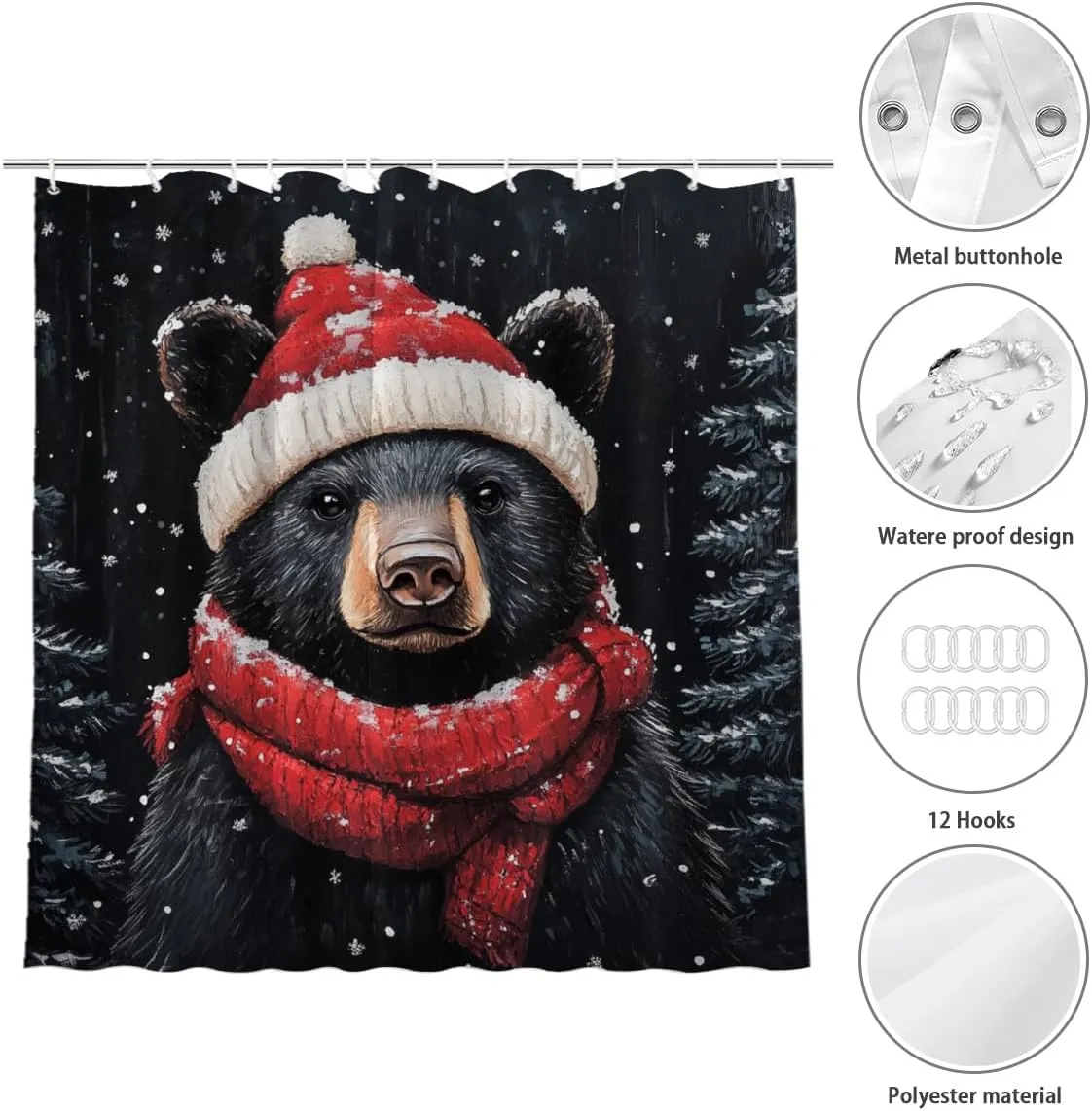 Winter Shower Curtain Christmas Shower Curtain, Cute Black Bear 72x72 Inches Shower Curtains for Bathroom, Snow Fabric Bath Curtains Set with 12 Hooks