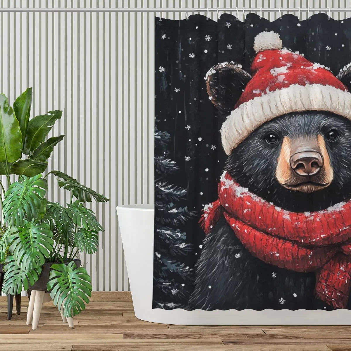 Winter Shower Curtain Christmas Shower Curtain, Cute Black Bear 72x72 Inches Shower Curtains for Bathroom, Snow Fabric Bath Curtains Set with 12 Hooks