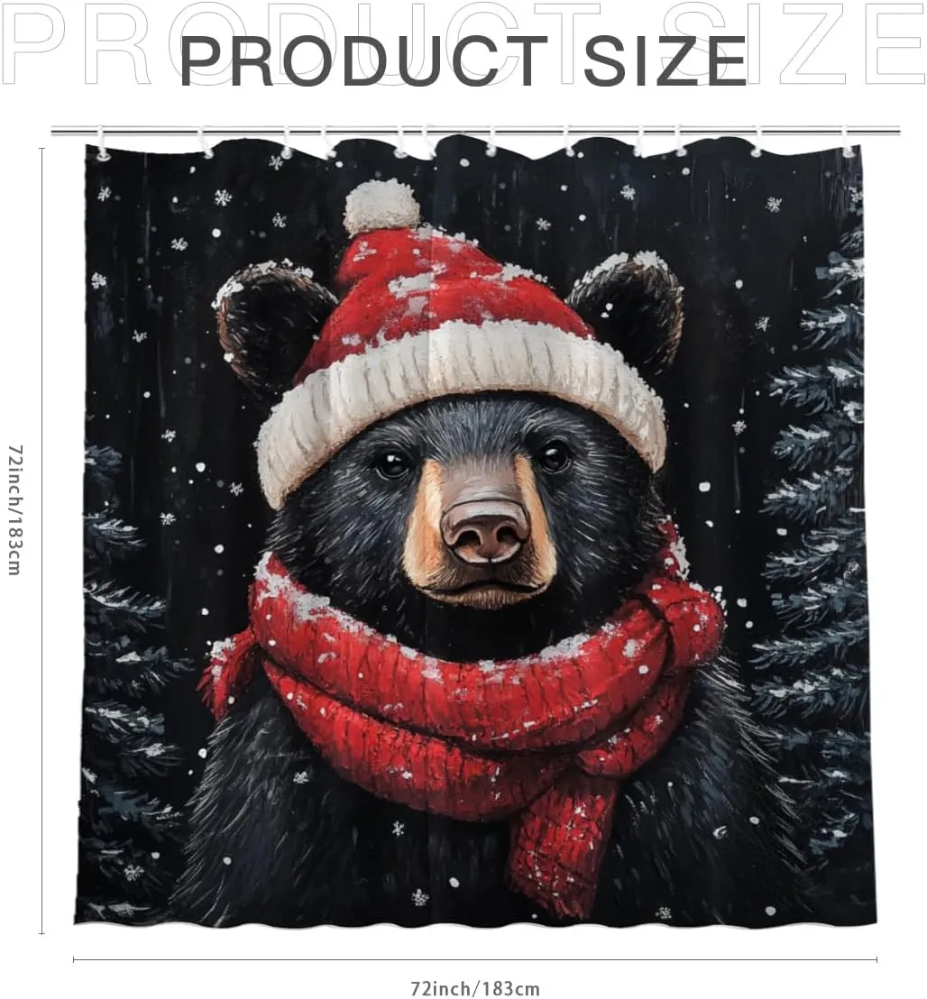 Winter Shower Curtain Christmas Shower Curtain, Cute Black Bear 72x72 Inches Shower Curtains for Bathroom, Snow Fabric Bath Curtains Set with 12 Hooks