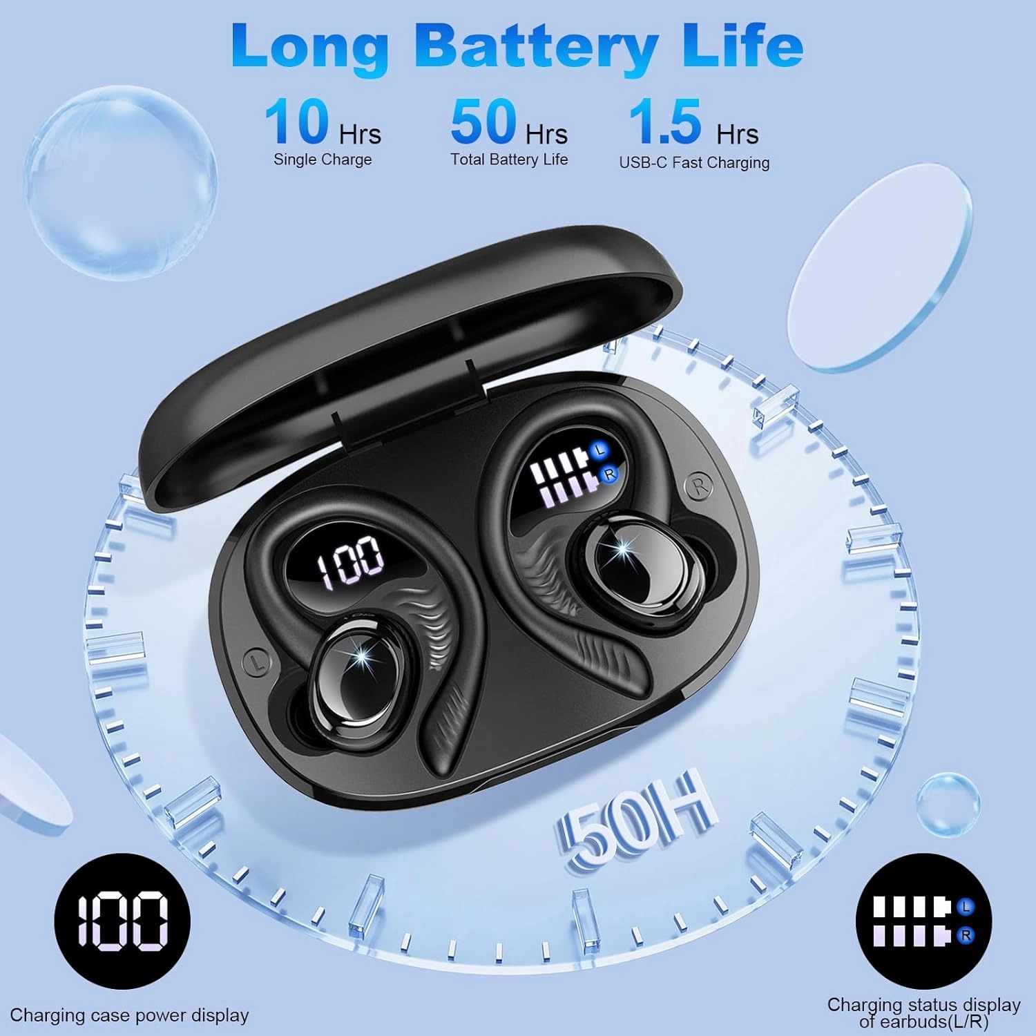 Wireless Earbuds Sport, Bluetooth 5.4 Headphones with Earhook, 2025 Hi-Fi Stereo Over Ear Buds, 50H Earphones with 4 ENC Noise Canceling Mics, IP7 Waterproof Headset for Running Workout (Android/iOS)