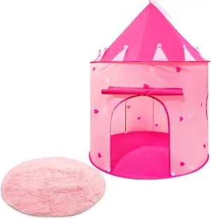 Woanger Princess Castle Play Tent Round Shaggy Area Rug Set Room Decor 39 x 39 Inch Circle Fluffy Plush Cute Rugs for Bedroom Foldable Tent for Kids Girls Indoor Outdoor Pet Living Room (Heart Style)