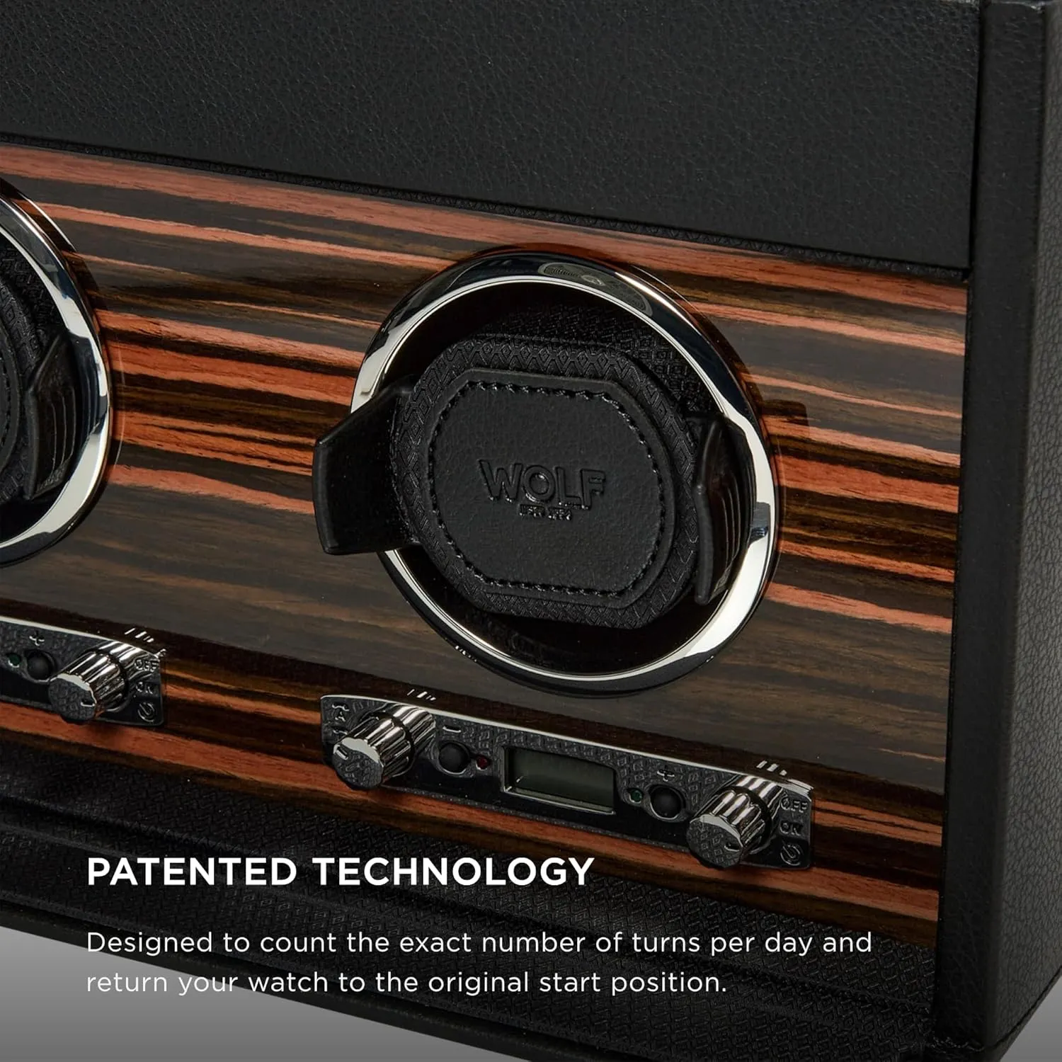 WOLF Roadster Triple Watch Winder with Storage, Black - Secure Fit with Patented Lock-In Dynamic Cuff - Vegan Leather & Glass Cover - Includes Universal Adapter & Travel Case
