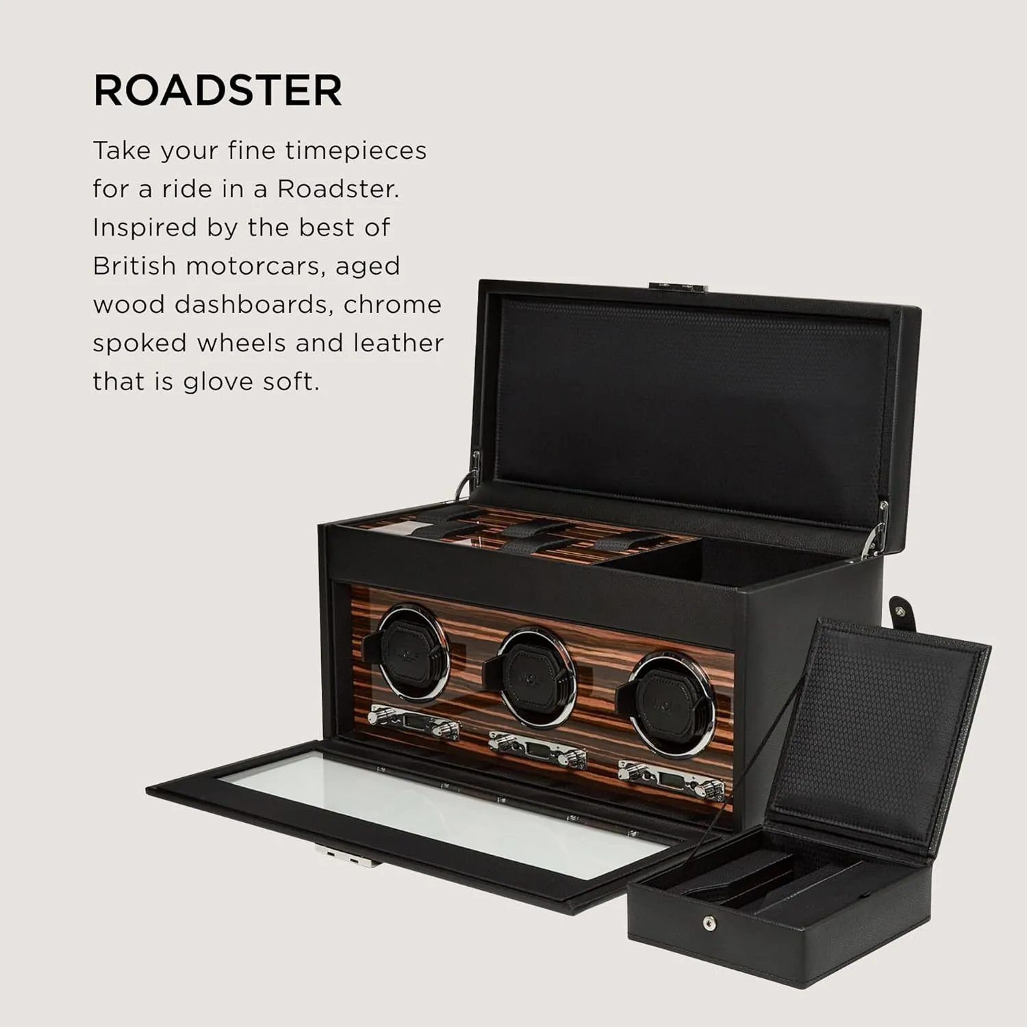 WOLF Roadster Triple Watch Winder with Storage, Black - Secure Fit with Patented Lock-In Dynamic Cuff - Vegan Leather & Glass Cover - Includes Universal Adapter & Travel Case