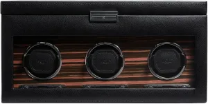 WOLF Roadster Triple Watch Winder with Storage, Black - Secure Fit with Patented Lock-In Dynamic Cuff - Vegan Leather & Glass Cover - Includes Universal Adapter & Travel Case