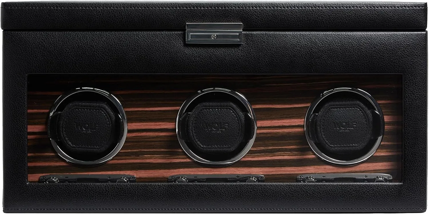 WOLF Roadster Triple Watch Winder with Storage, Black - Secure Fit with Patented Lock-In Dynamic Cuff - Vegan Leather & Glass Cover - Includes Universal Adapter & Travel Case