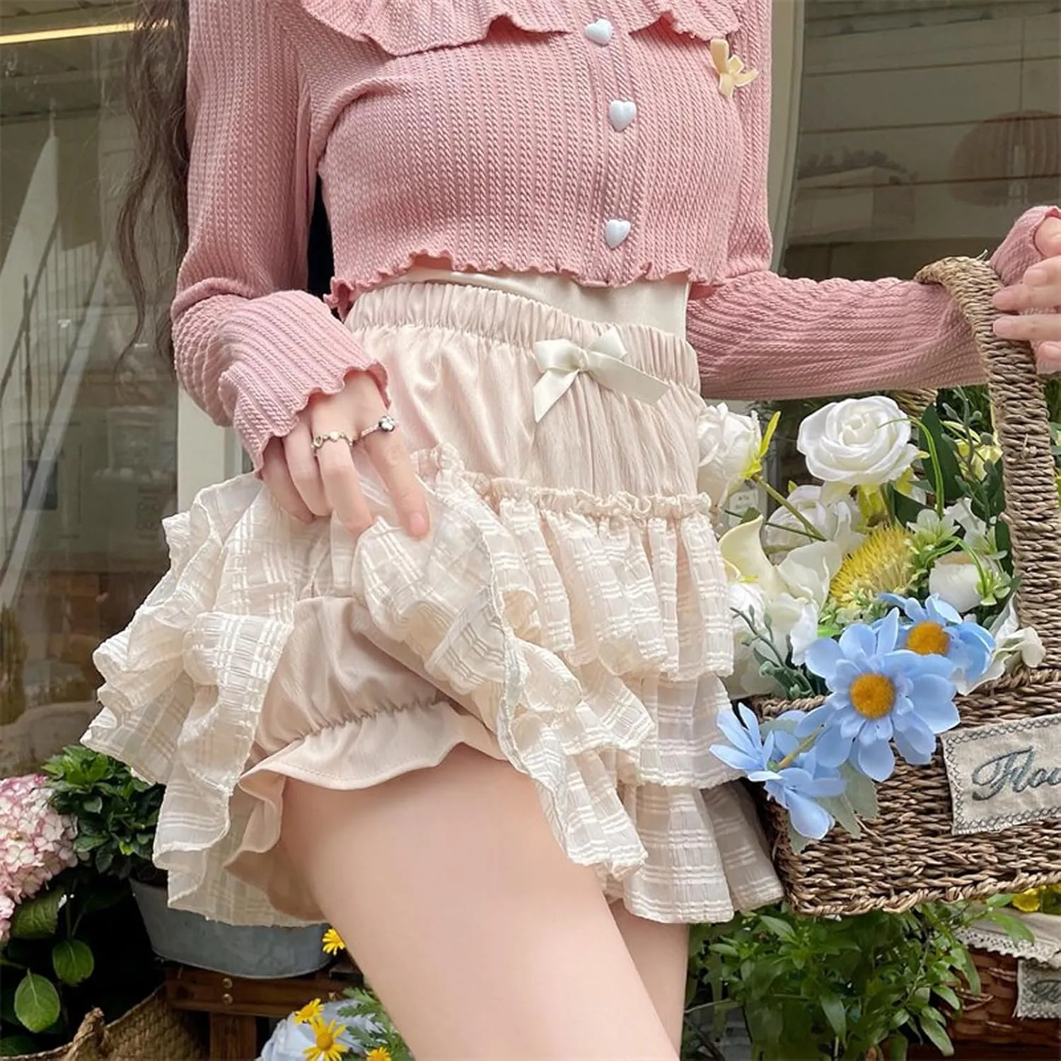 Women Korean Kawaii Mini Skirt Low Waist Lace Patchwork Ruffle Mini Skirt Sweet 90s E-Girl Aesthetic Clothes