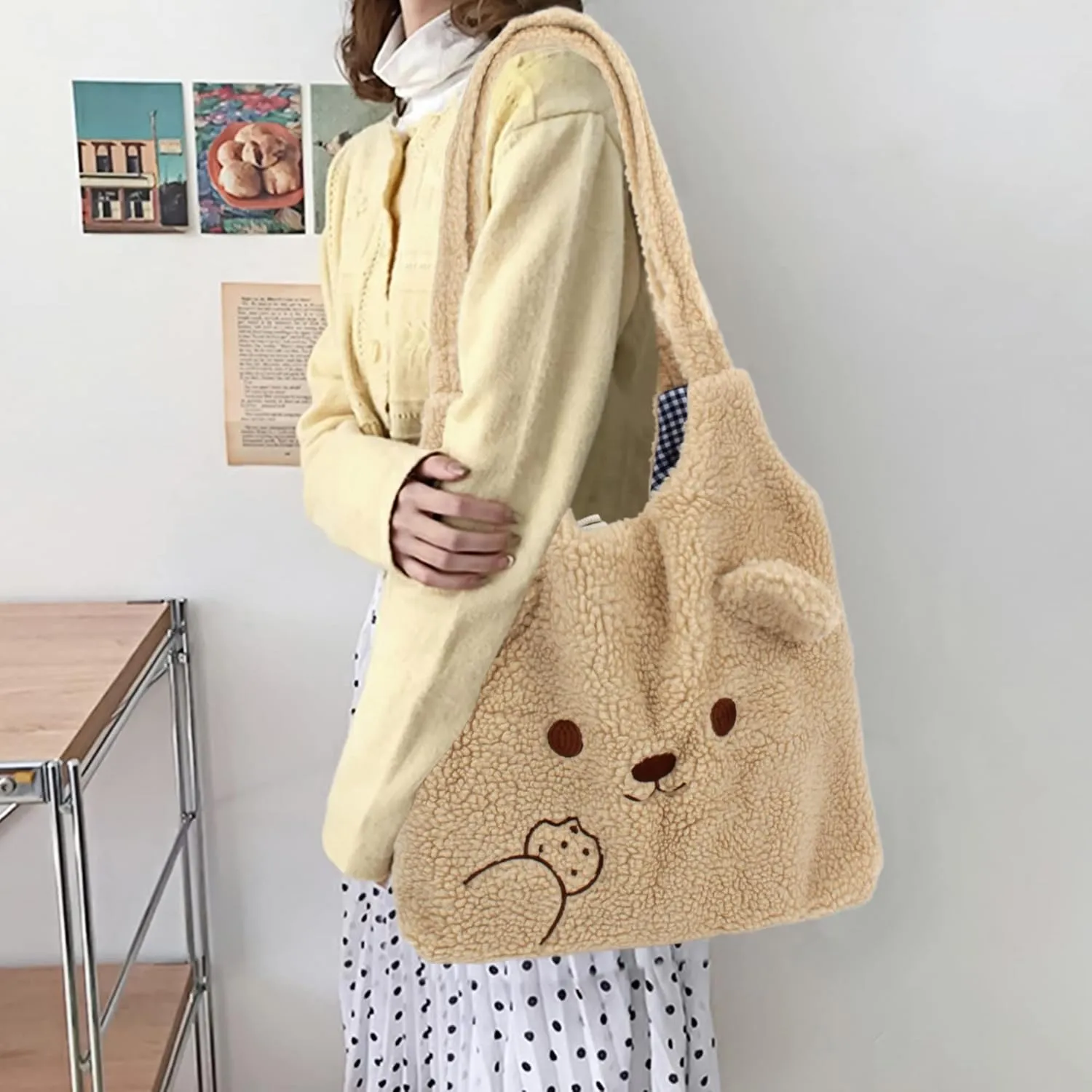 Women Ladies Cute Bear Plush Shoulder Bag Large Tote Handbag Purse Faux Fur Shopping Dating Bag