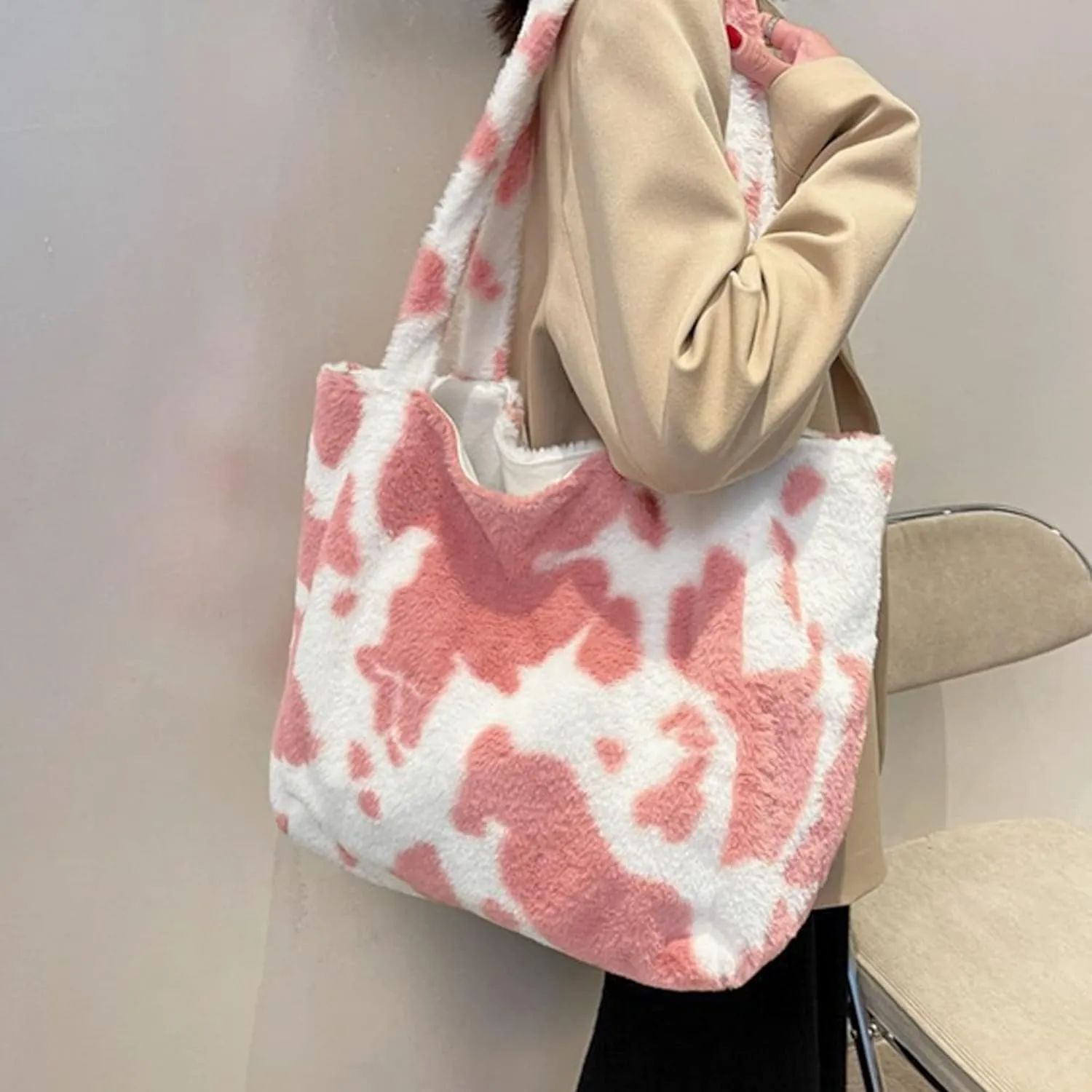Women Ladies Cute Bear Plush Shoulder Bag Large Tote Handbag Purse Faux Fur Shopping Dating Bag