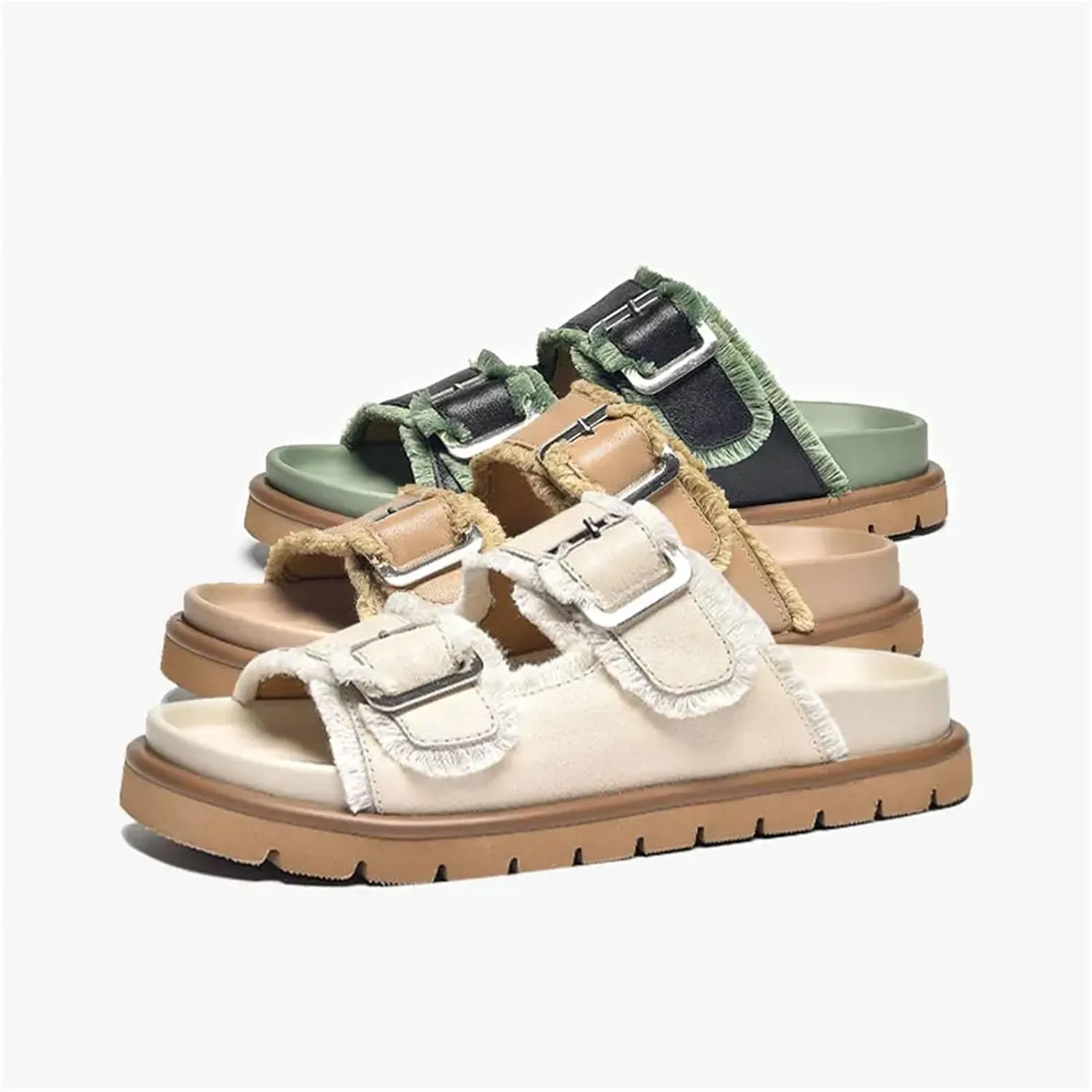 Women's Cow Leather Buckle Decoration Slippers - Double Strap Summer Beach Flats