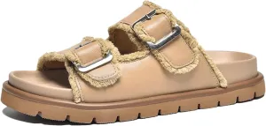 Women's Cow Leather Buckle Decoration Slippers - Double Strap Summer Beach Flats