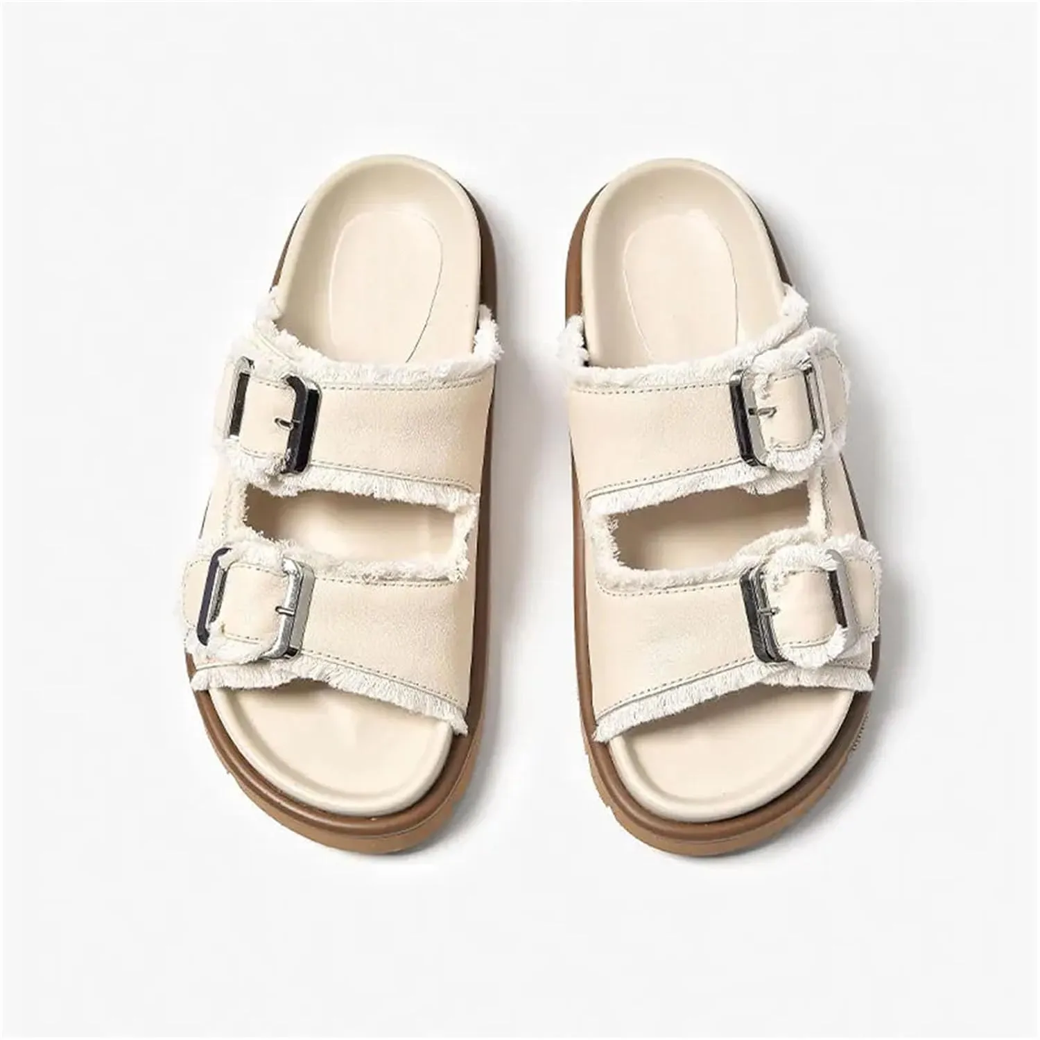 Women's Cow Leather Buckle Decoration Slippers - Double Strap Summer Beach Flats