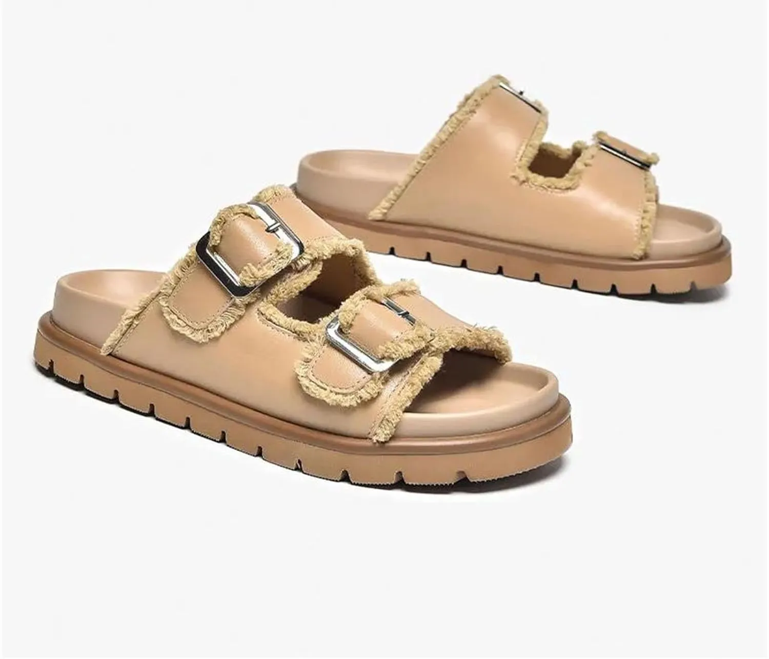 Women's Cow Leather Buckle Decoration Slippers - Double Strap Summer Beach Flats