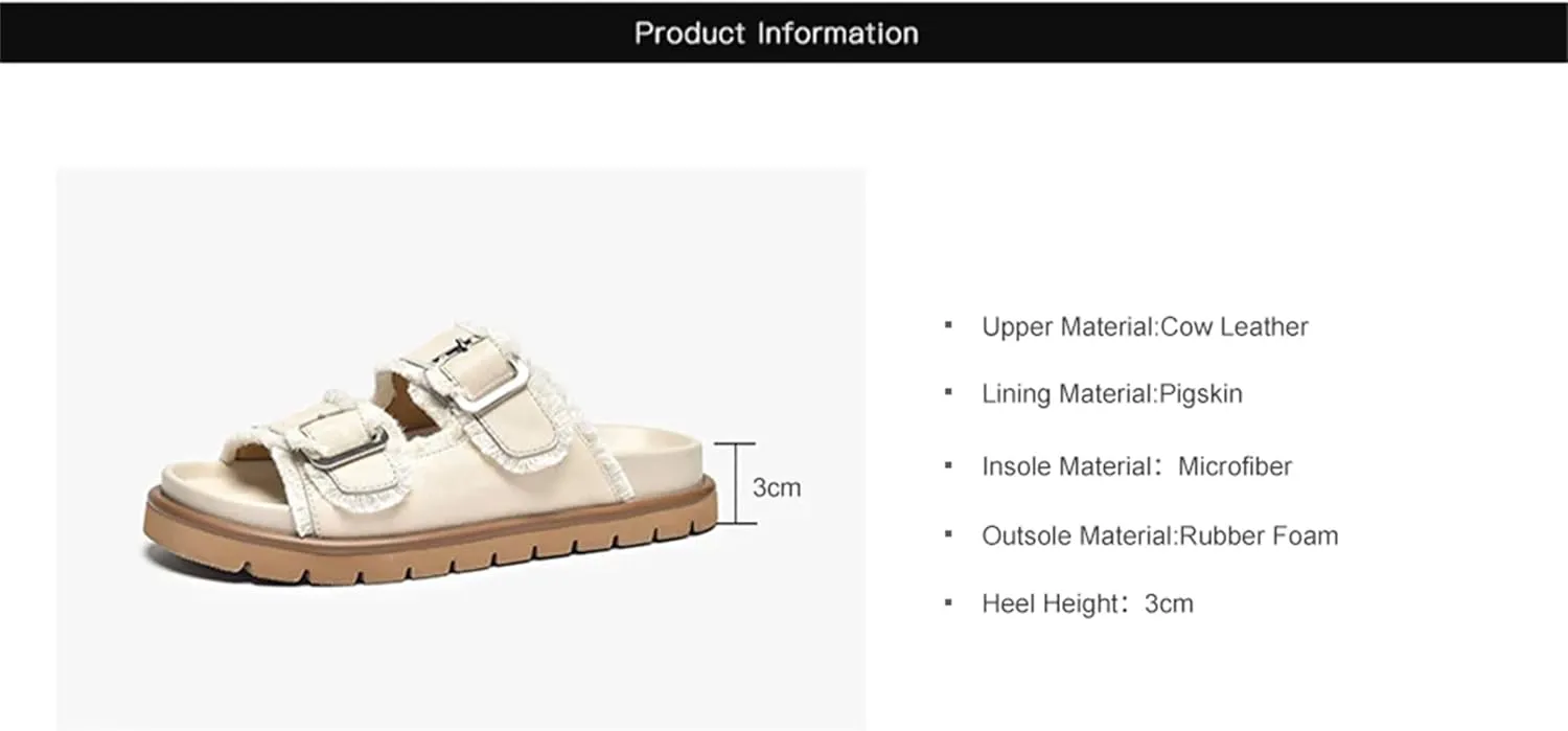 Women's Cow Leather Buckle Decoration Slippers - Double Strap Summer Beach Flats