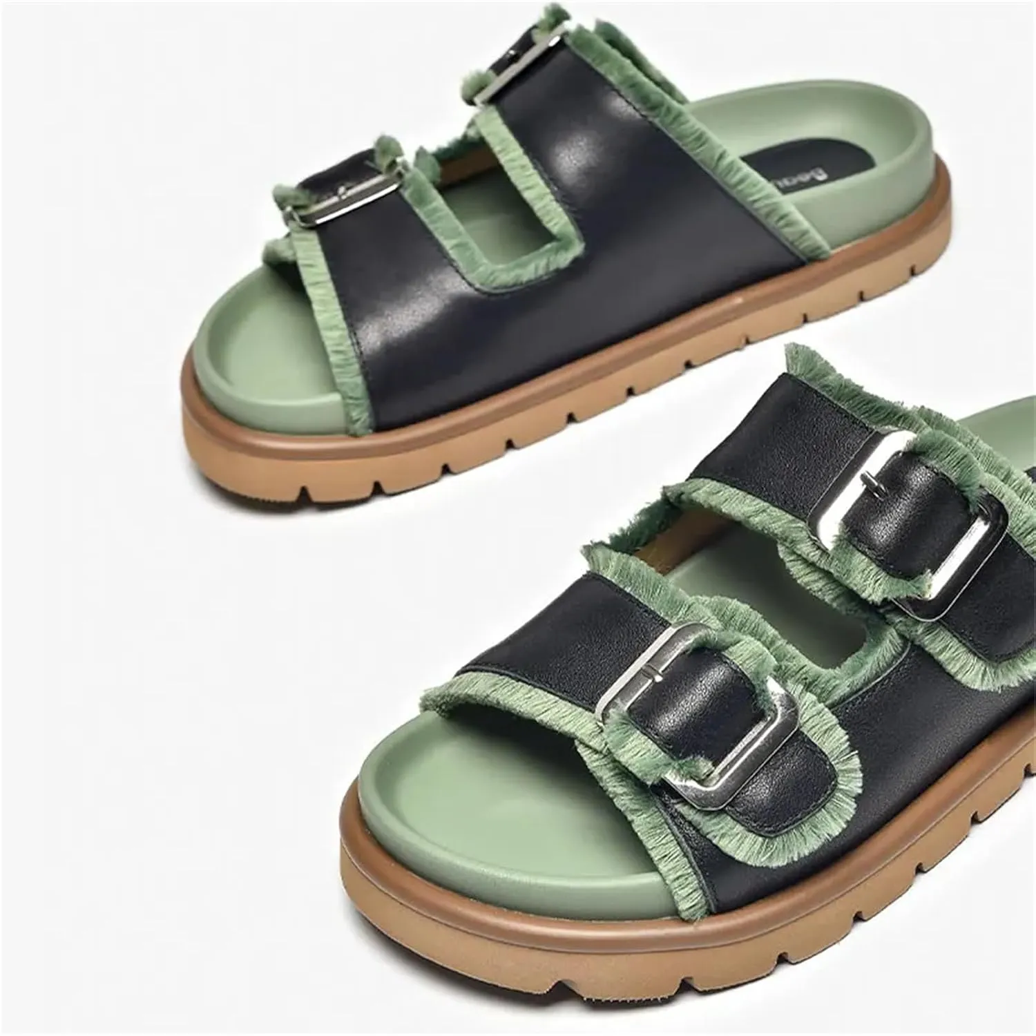 Women's Cow Leather Buckle Decoration Slippers - Double Strap Summer Beach Flats