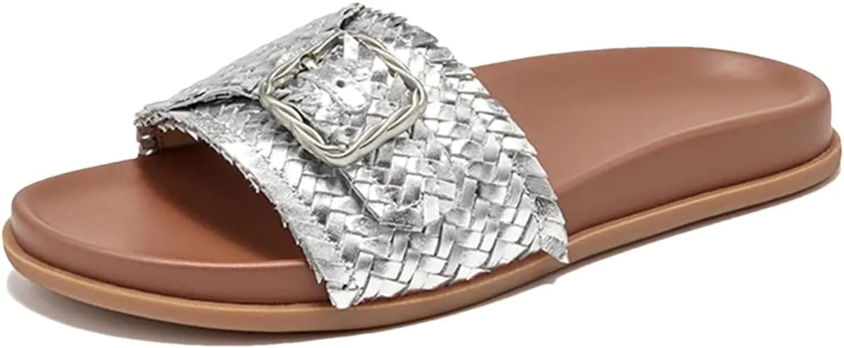 Women's Cow Leather Buckle Decoration Slippers - Mixed Colors Summer Flats