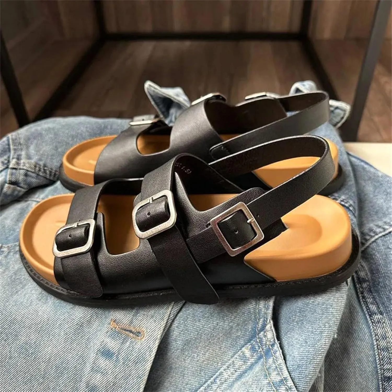 Women's Cow Leather Double Buckle Sandals - Back Strap Summer Beach Casual Flats