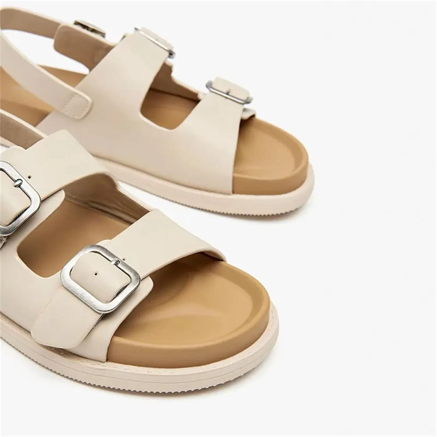 Women's Cow Leather Double Buckle Sandals - Back Strap Summer Beach Casual Flats