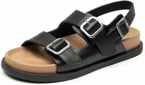 Women's Cow Leather Double Buckle Sandals - Back Strap Summer Beach Casual Flats