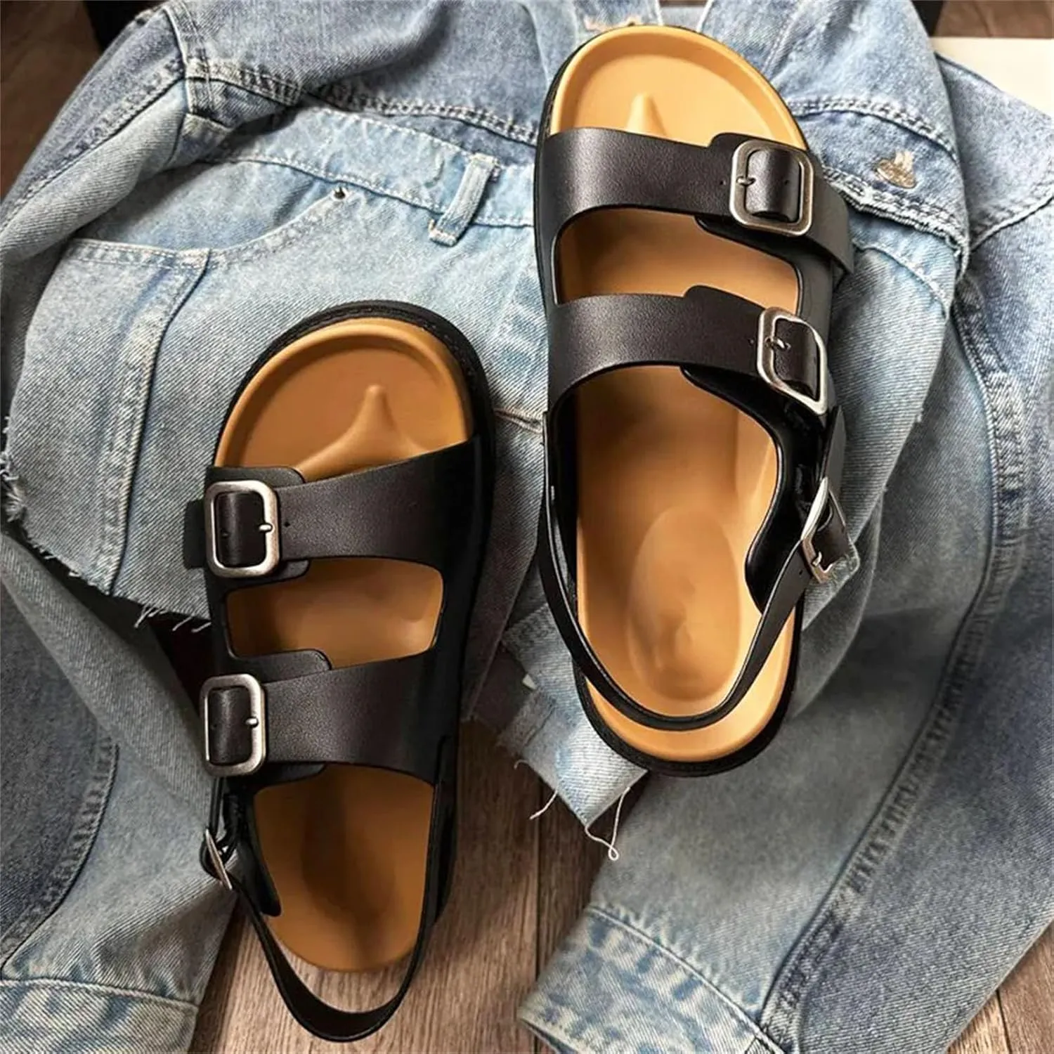 Women's Cow Leather Double Buckle Sandals - Back Strap Summer Beach Casual Flats