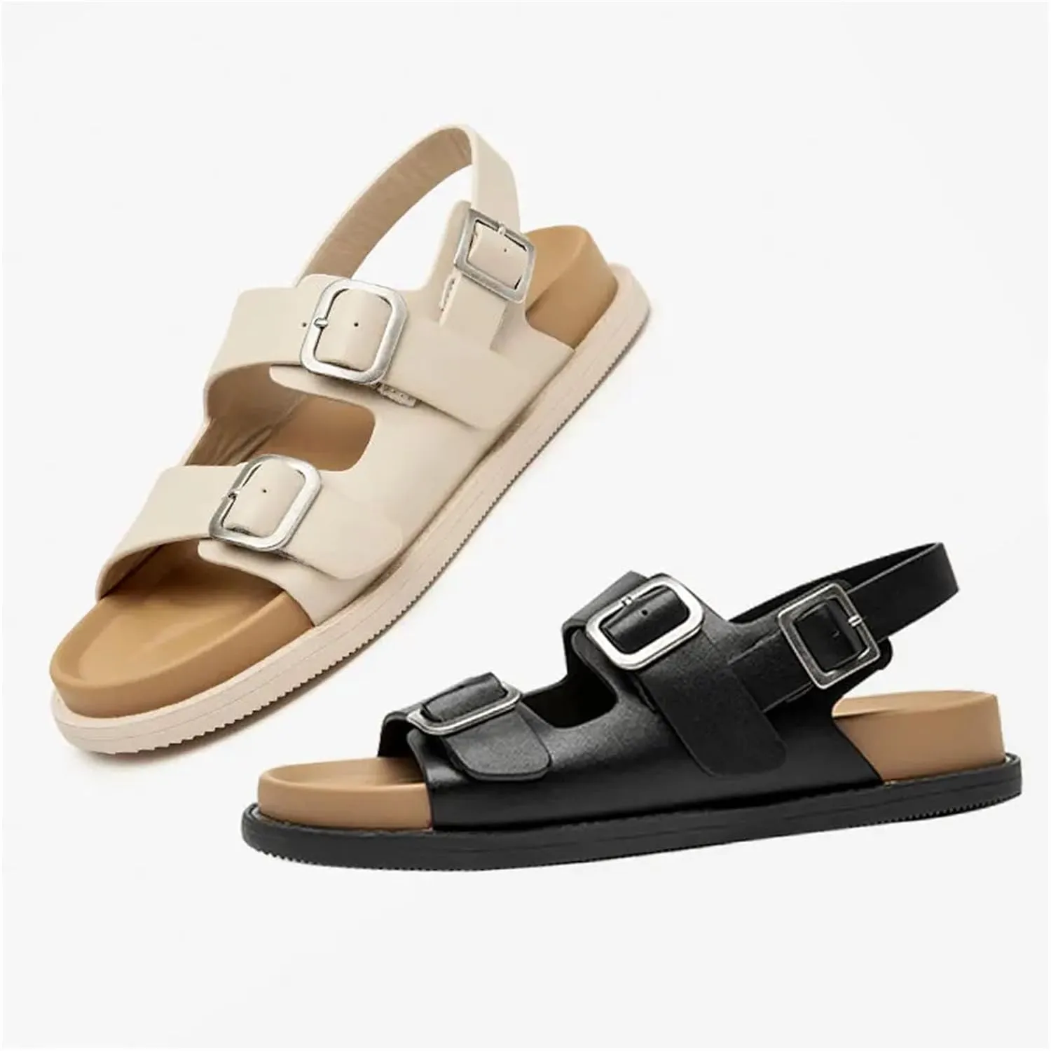 Women's Cow Leather Double Buckle Sandals - Back Strap Summer Beach Casual Flats
