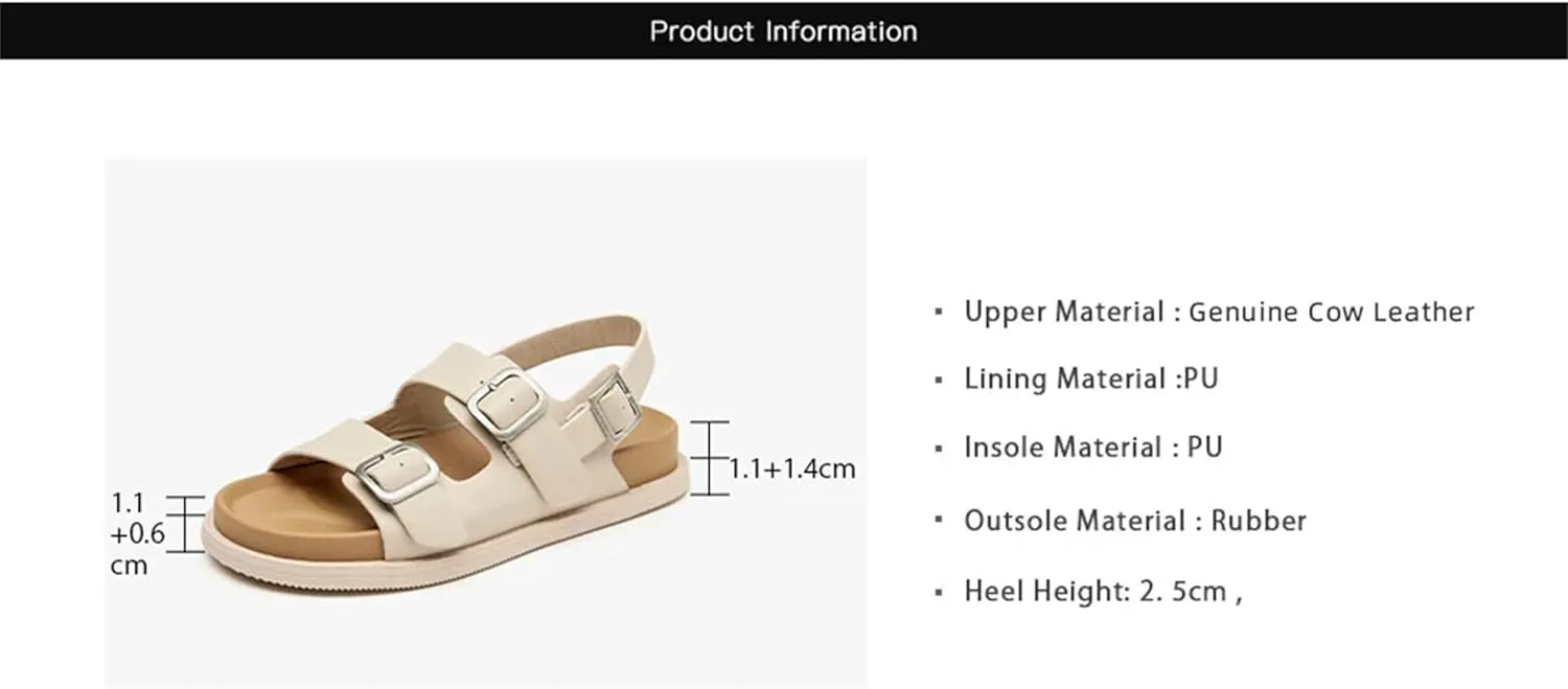 Women's Cow Leather Double Buckle Sandals - Back Strap Summer Beach Casual Flats