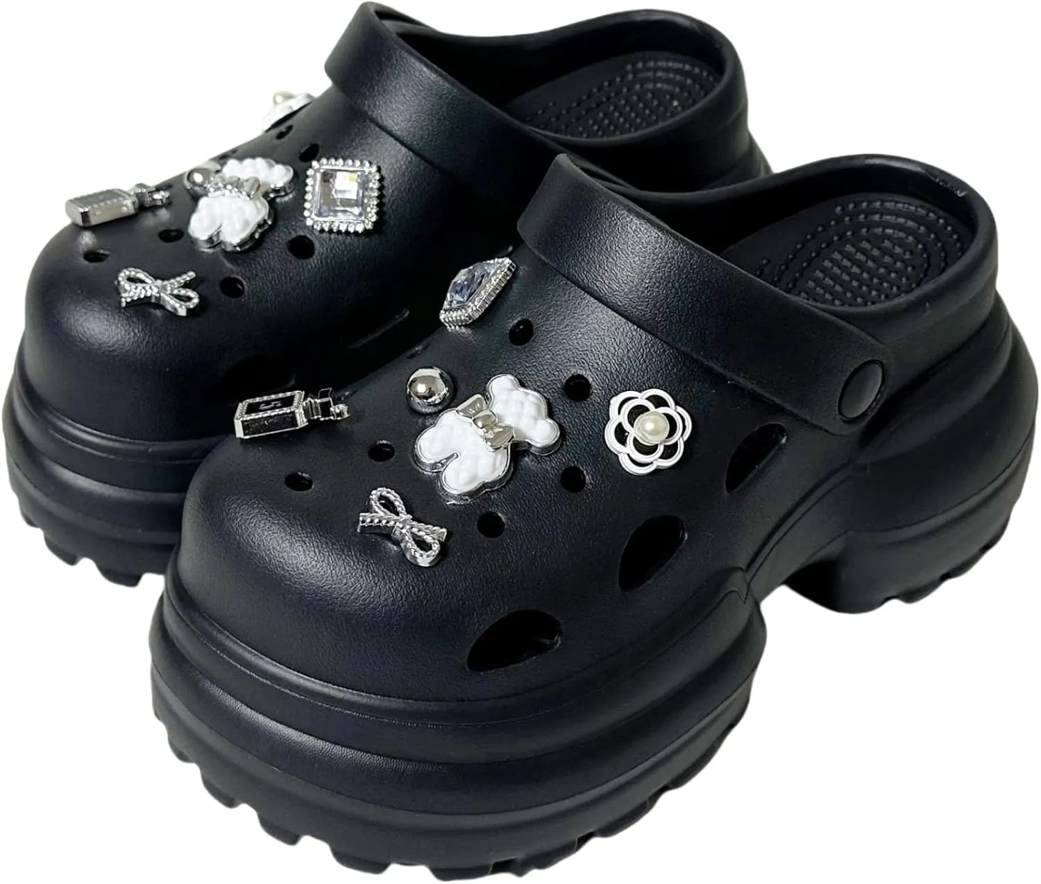 Women's Cute Bear Decor Clogs, Casual Hollow Out Design Garden Shoes, Comfortable Slip On Shoes