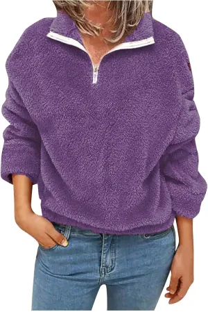 Womens Double Fuzzy Sweatshirt Winter Solid Zipper Pullover Collar Plush Sweaters Loose Casual Sherpa Tops