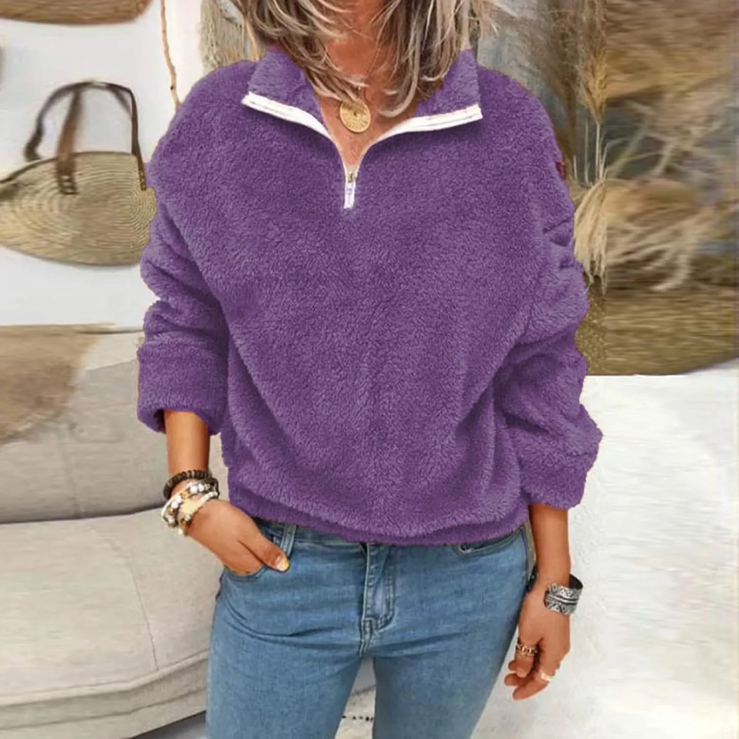 Womens Double Fuzzy Sweatshirt Winter Solid Zipper Pullover Collar Plush Sweaters Loose Casual Sherpa Tops