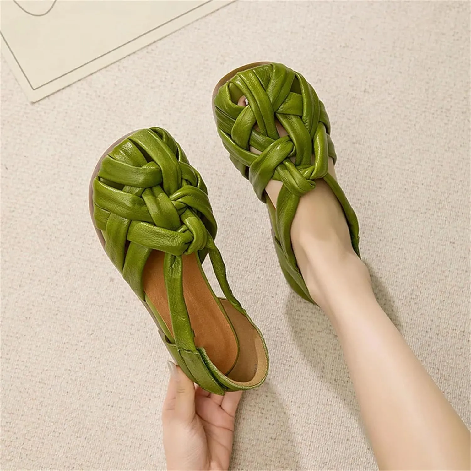 Women's Ethnic Mary Jane Flats - 1.5cm Woven Platform Summer Hollow Slippers