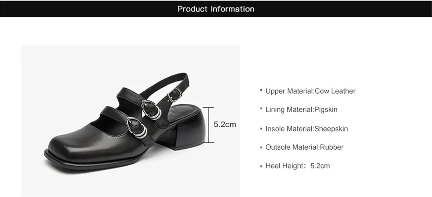 Women's Genuine Cow Leather Slingback Sandals - Square Toe Double Strap Mary Jane Flats