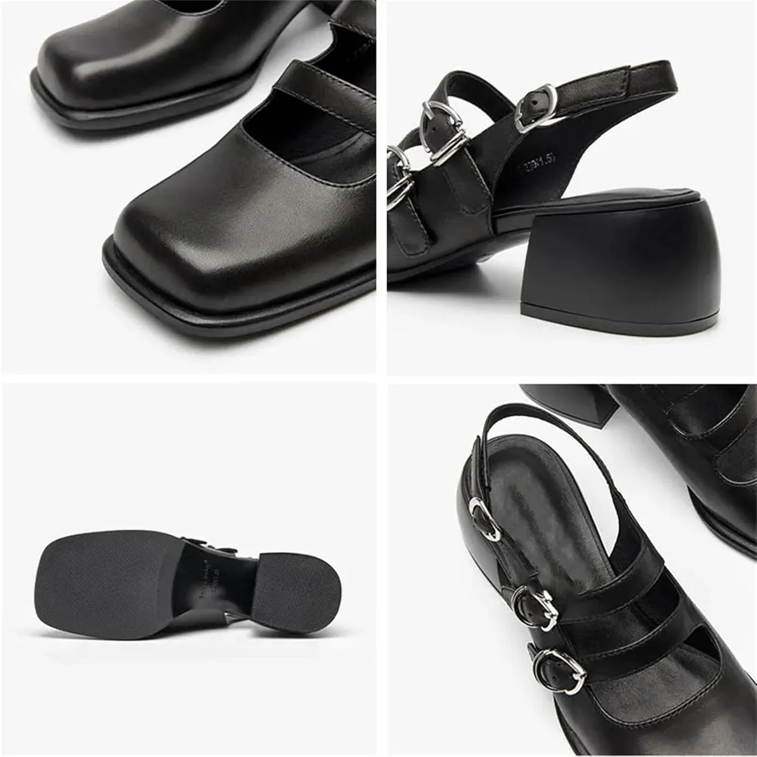 Women's Genuine Cow Leather Slingback Sandals - Square Toe Double Strap Mary Jane Flats