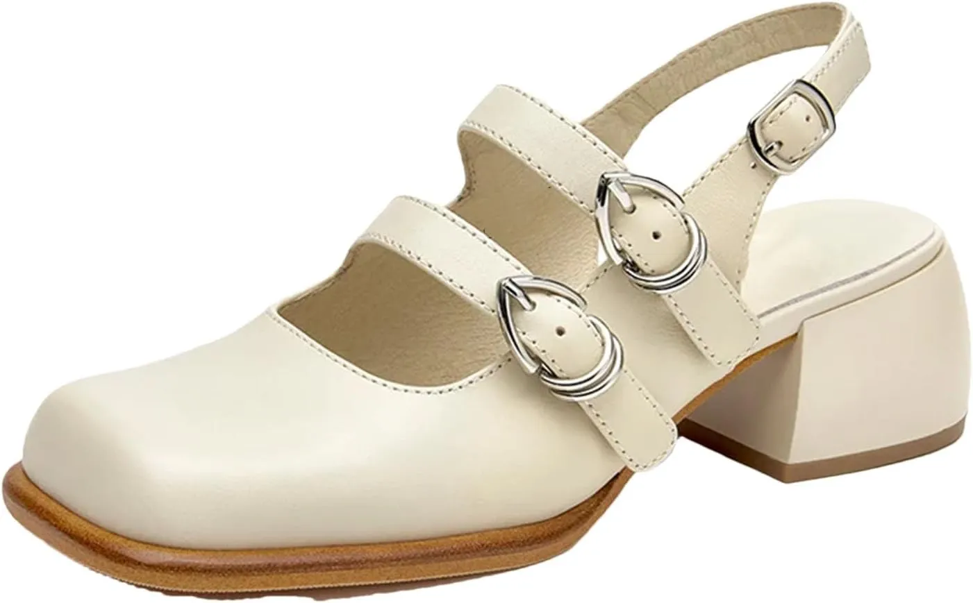 Women's Genuine Cow Leather Slingback Sandals - Square Toe Double Strap Mary Jane Flats