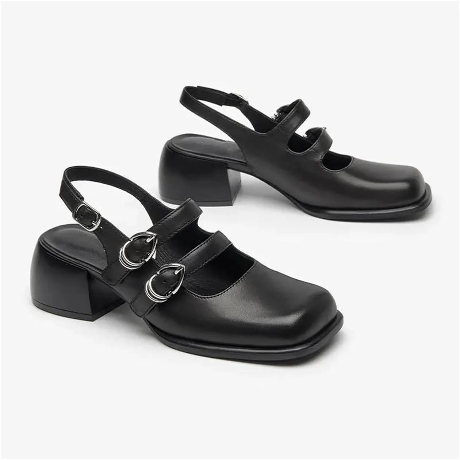 Women's Genuine Cow Leather Slingback Sandals - Square Toe Double Strap Mary Jane Flats