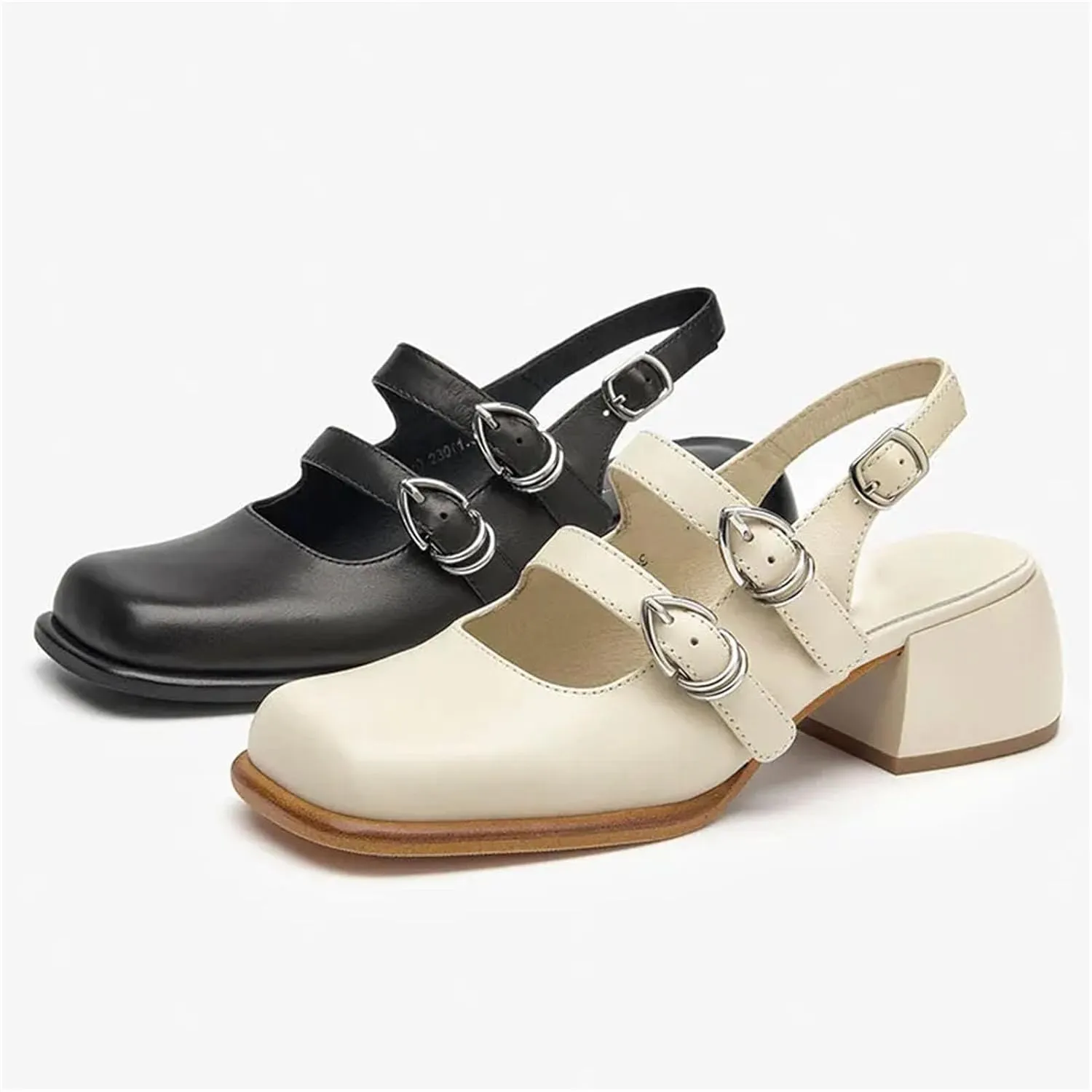 Women's Genuine Cow Leather Slingback Sandals - Square Toe Double Strap Mary Jane Flats